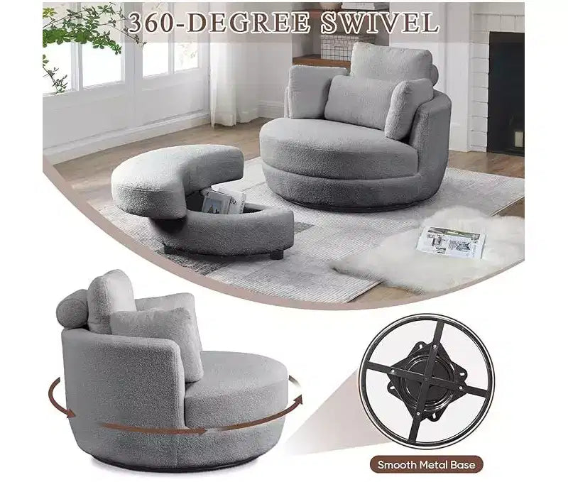 GDFStudio Dinah Moderna Sedia Girevole a 360° in Bouclé Alta 40 cm con Pouf Contenitore
