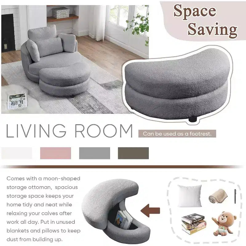 GDFStudio Dinah Moderna Sedia Girevole a 360° in Bouclé Alta 40 cm con Pouf Contenitore