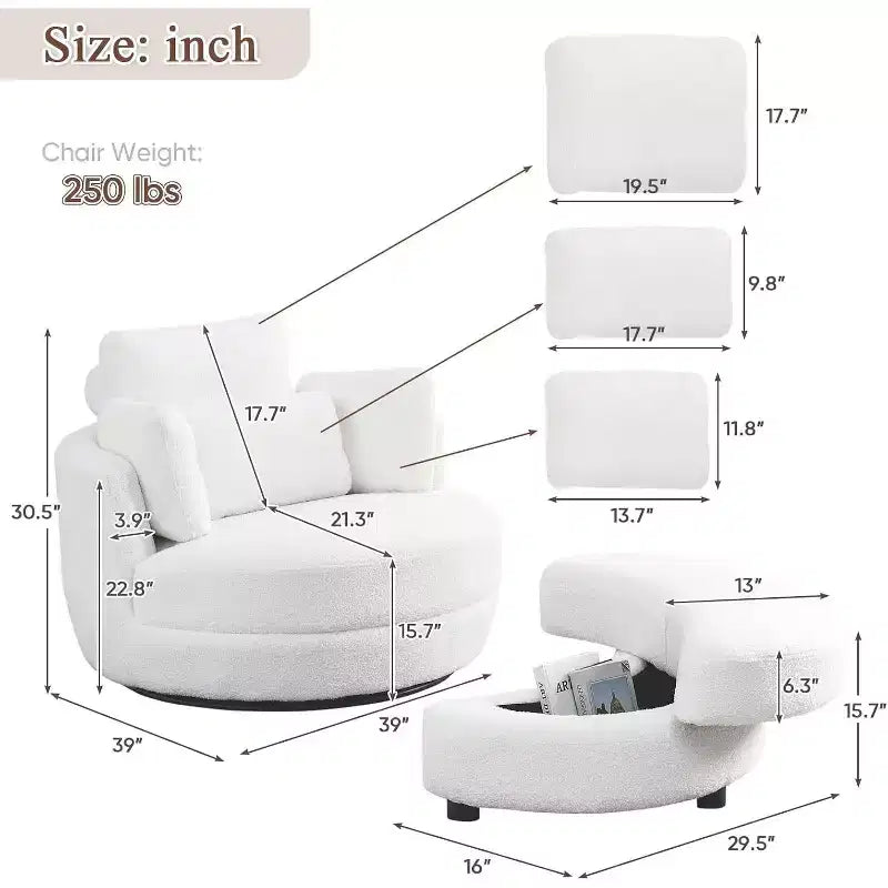 GDFStudio Dinah Moderna Sedia Girevole a 360° in Bouclé Alta 40 cm con Pouf Contenitore