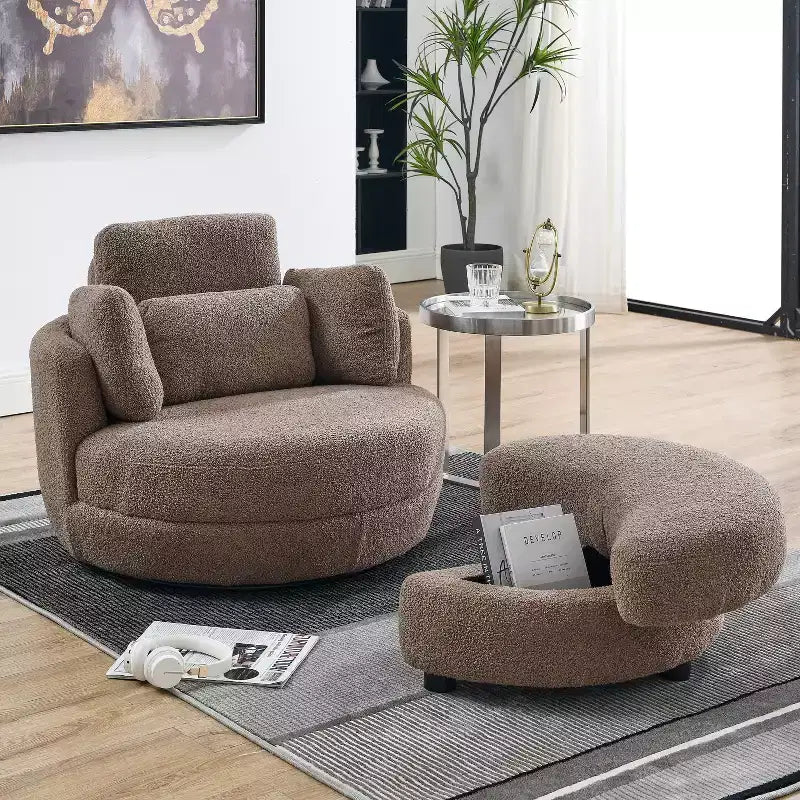 GDFStudio Dinah Moderna Sedia Girevole a 360° in Bouclé Alta 40 cm con Pouf Contenitore