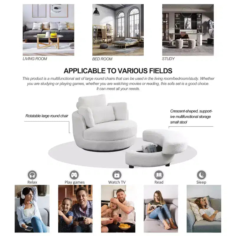 GDFStudio Dinah Moderna Sedia Girevole a 360° in Bouclé Alta 40 cm con Pouf Contenitore