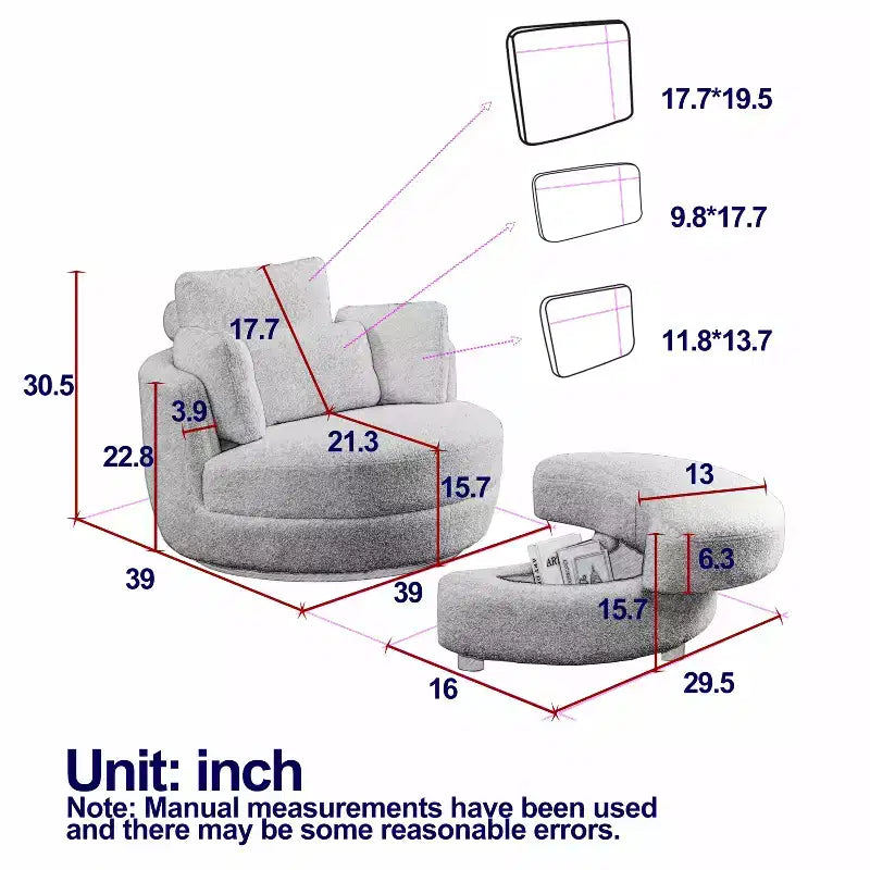GDFStudio Dinah Moderna Sedia Girevole a 360° in Bouclé Alta 40 cm con Pouf Contenitore