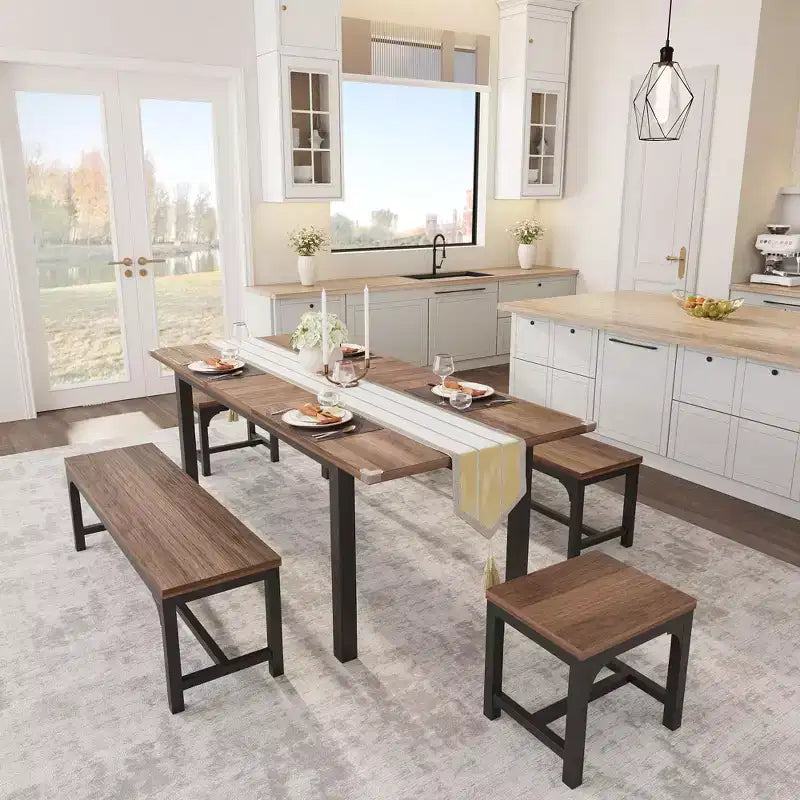 Set da tavolo da pranzo da 5 pezzi per 4-6 persone, set da tavolo da pranzo estensibile grande da 63 pollici per 4 persone, tavolo da cucina con panche e sgabelli