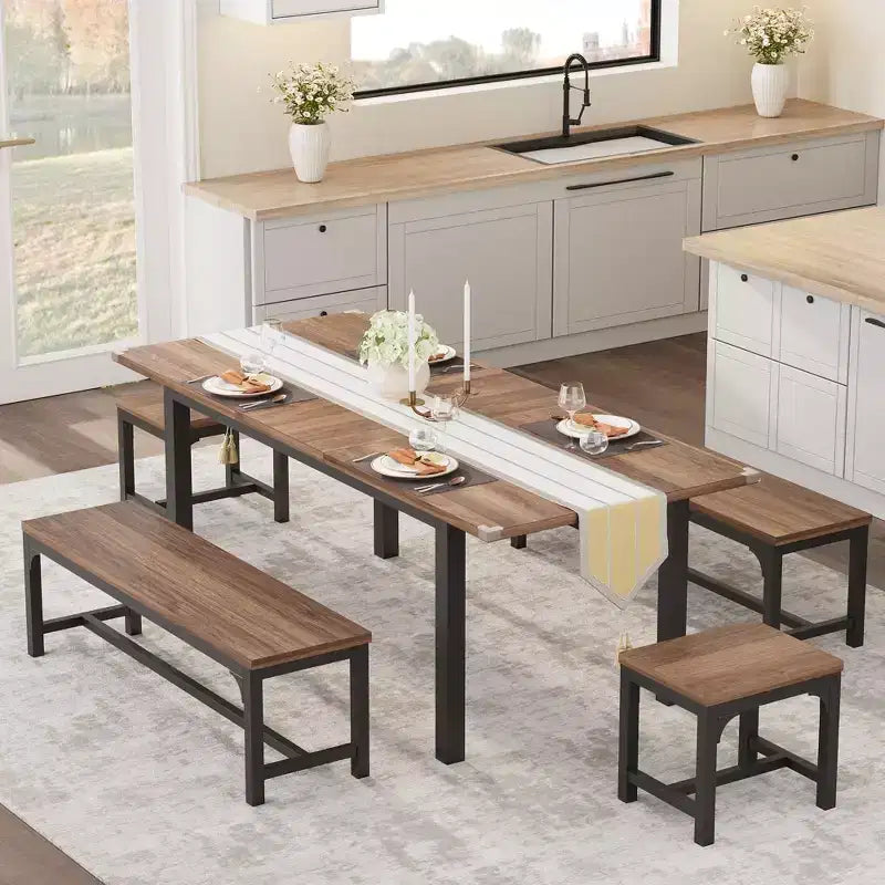 Set da tavolo da pranzo da 5 pezzi per 4-6 persone, set da tavolo da pranzo estensibile grande da 63 pollici per 4 persone, tavolo da cucina con panche e sgabelli