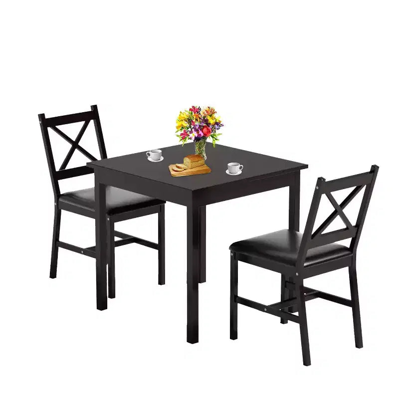 FDW 3/5-Piece Dining Table Set with Solid Pine Wood Construction and Faux Leather Chairs, Dark Brown