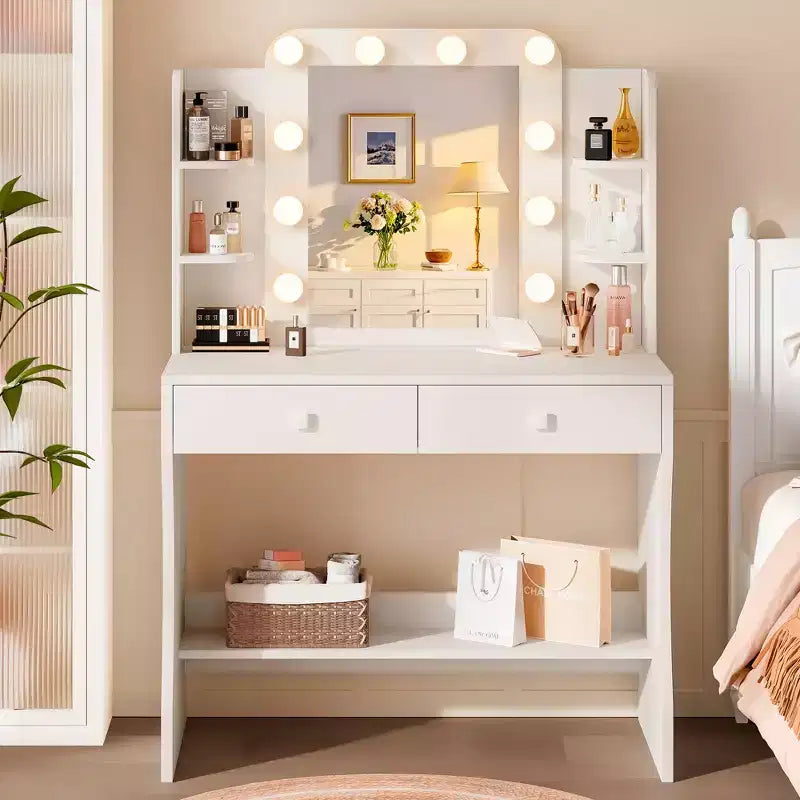Small Vanity Desk, Vanity with Power Outlet, 3 Lighting Modes & 10 LED Bulbs