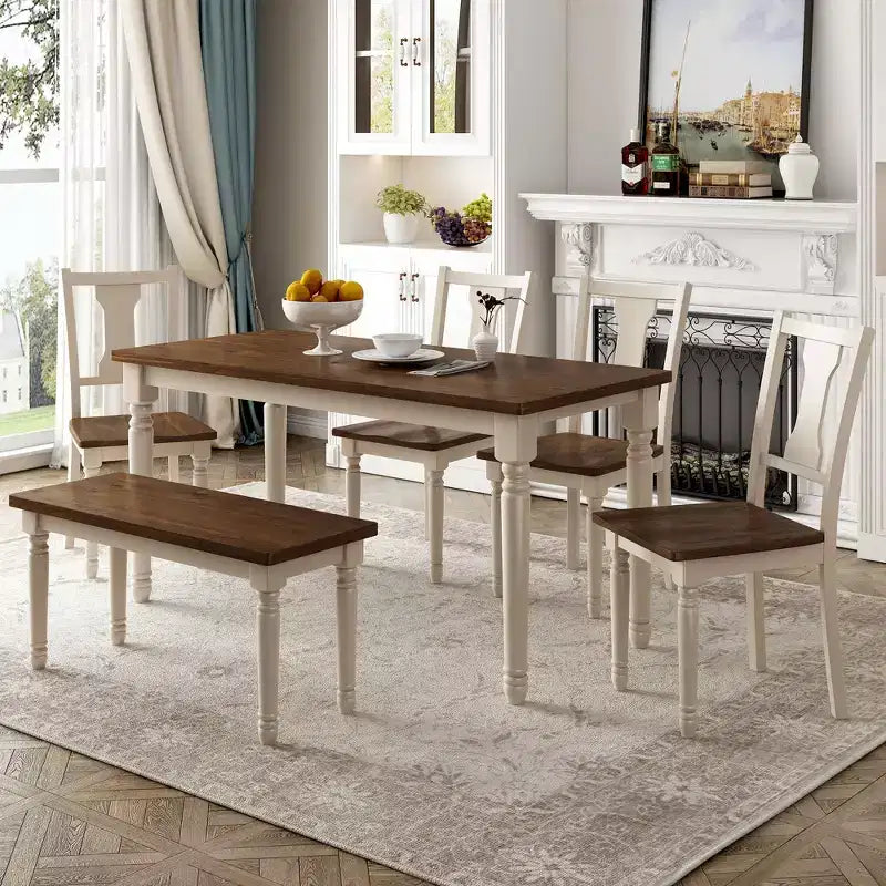 Set da Tavolo da Pranzo da 6 Pezzi con 4 Sedie e Panchina, Stile Retrò Classico, Marrone+Bianco Cottage-HABITRIO