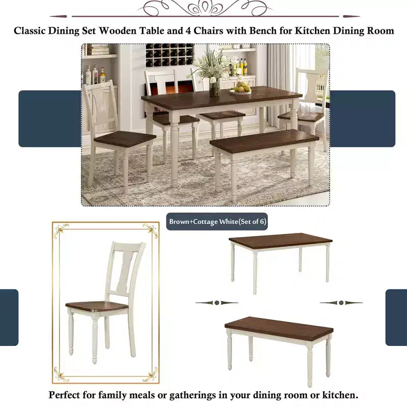 Set da Tavolo da Pranzo da 6 Pezzi con 4 Sedie e Panchina, Stile Retrò Classico, Marrone+Bianco Cottage-HABITRIO