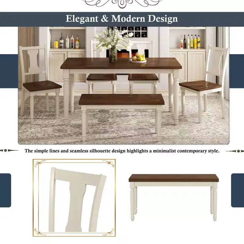 Set da Tavolo da Pranzo da 6 Pezzi con 4 Sedie e Panchina, Stile Retrò Classico, Marrone+Bianco Cottage-HABITRIO