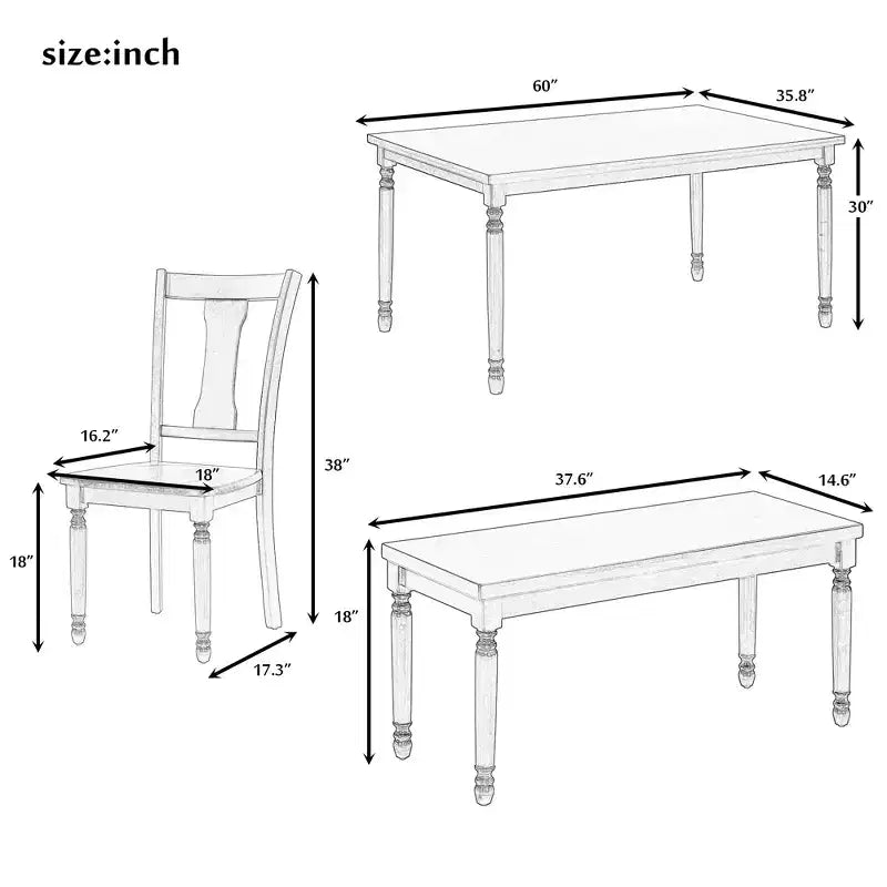 Set da Tavolo da Pranzo da 6 Pezzi con 4 Sedie e Panchina, Stile Retrò Classico, Marrone+Bianco Cottage-HABITRIO