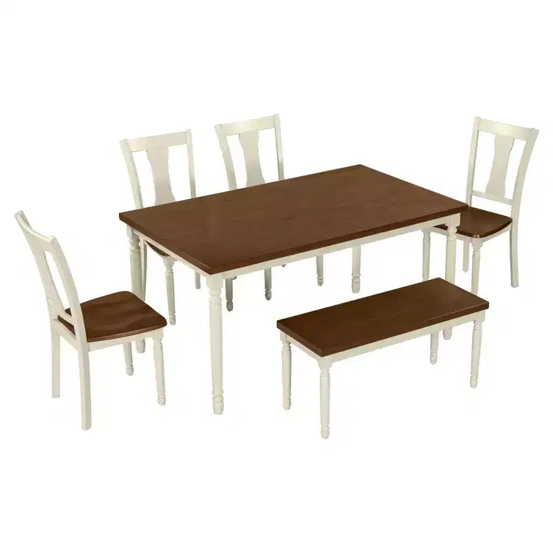 Set da Tavolo da Pranzo da 6 Pezzi con 4 Sedie e Panchina, Stile Retrò Classico, Marrone+Bianco Cottage-HABITRIO
