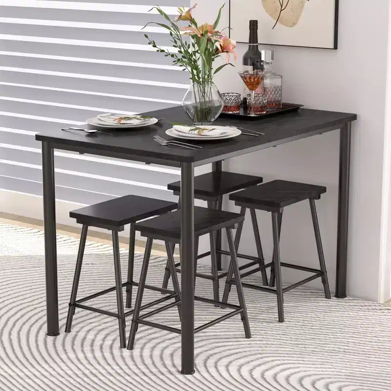 VECELO Set tavolo e sedie da pranzo da 5 pezzi per 4 persone, mobili da cucina, piano in MDF e struttura rettangolare in metallo, salvaspazio, nero/marrone/rovere