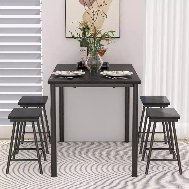 VECELO Set tavolo e sedie da pranzo da 5 pezzi per 4 persone, mobili da cucina, piano in MDF e struttura rettangolare in metallo, salvaspazio, nero/marrone/rovere