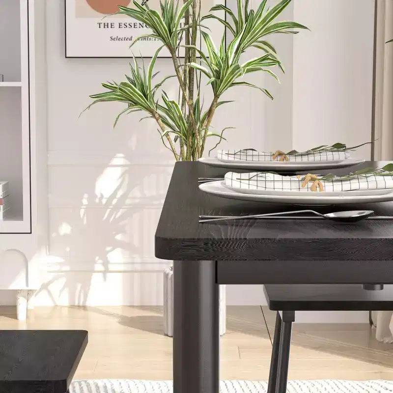 VECELO Set tavolo e sedie da pranzo da 5 pezzi per 4 persone, mobili da cucina, piano in MDF e struttura rettangolare in metallo, salvaspazio, nero/marrone/rovere