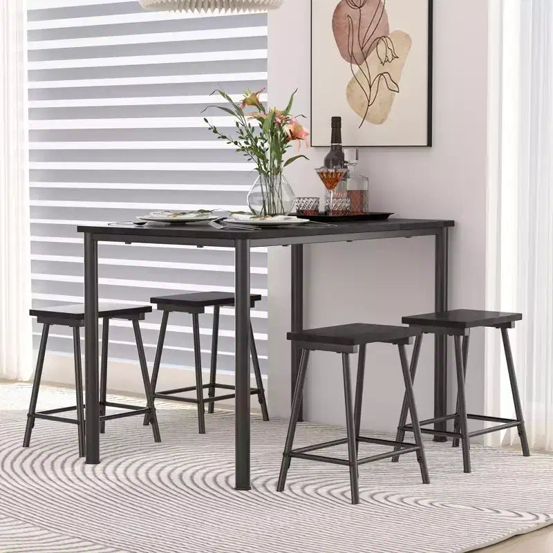 VECELO Set tavolo e sedie da pranzo da 5 pezzi per 4 persone, mobili da cucina, piano in MDF e struttura rettangolare in metallo, salvaspazio, nero/marrone/rovere