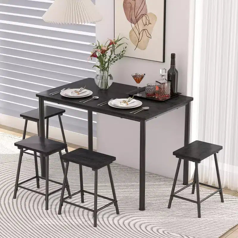 VECELO Set tavolo e sedie da pranzo da 5 pezzi per 4 persone, mobili da cucina, piano in MDF e struttura rettangolare in metallo, salvaspazio, nero/marrone/rovere