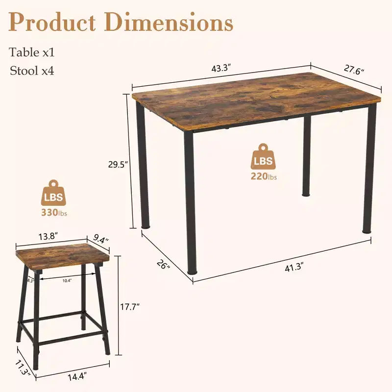 VECELO Set tavolo e sedie da pranzo da 5 pezzi per 4 persone, mobili da cucina, piano in MDF e struttura rettangolare in metallo, salvaspazio, nero/marrone/rovere
