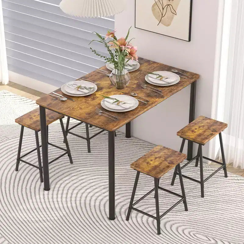 VECELO Set tavolo e sedie da pranzo da 5 pezzi per 4 persone, mobili da cucina, piano in MDF e struttura rettangolare in metallo, salvaspazio, nero/marrone/rovere