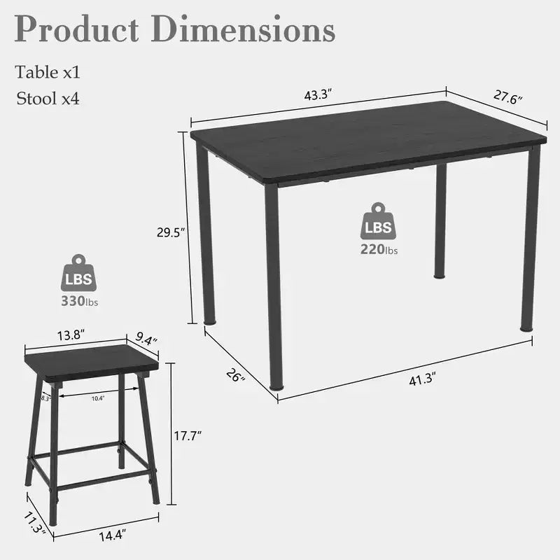 VECELO Set tavolo e sedie da pranzo da 5 pezzi per 4 persone, mobili da cucina, piano in MDF e struttura rettangolare in metallo, salvaspazio, nero/marrone/rovere