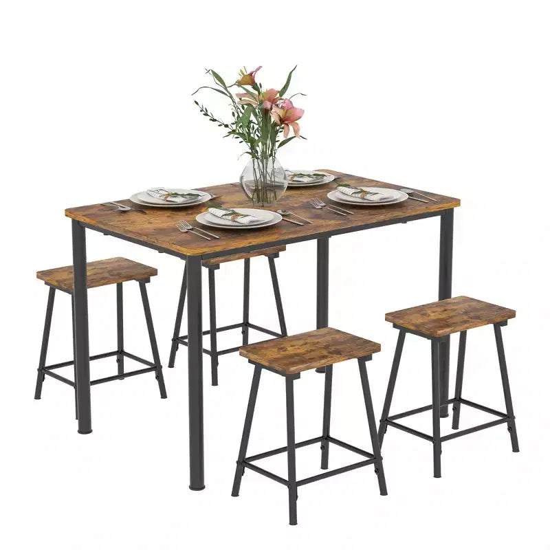 VECELO Set tavolo e sedie da pranzo da 5 pezzi per 4 persone, mobili da cucina, piano in MDF e struttura rettangolare in metallo, salvaspazio, nero/marrone/rovere