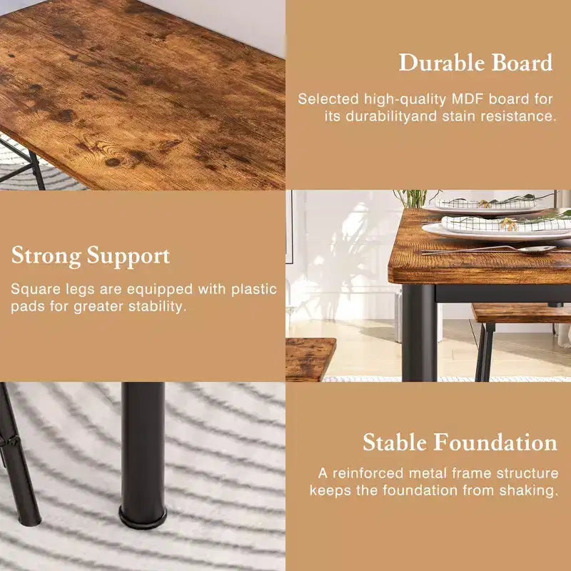 VECELO Set tavolo e sedie da pranzo da 5 pezzi per 4 persone, mobili da cucina, piano in MDF e struttura rettangolare in metallo, salvaspazio, nero/marrone/rovere