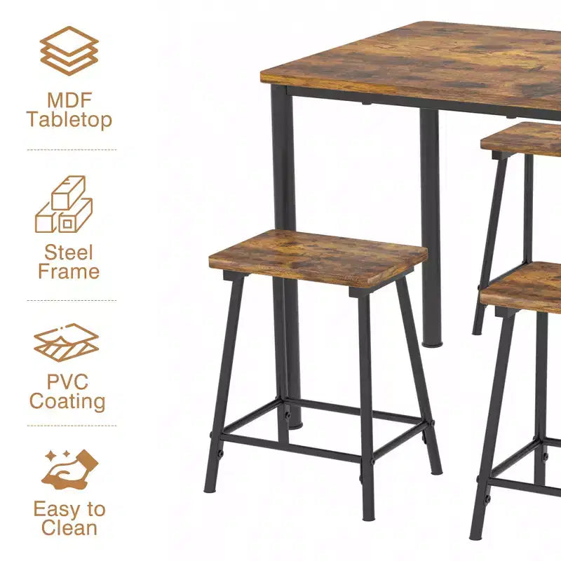 VECELO Set tavolo e sedie da pranzo da 5 pezzi per 4 persone, mobili da cucina, piano in MDF e struttura rettangolare in metallo, salvaspazio, nero/marrone/rovere