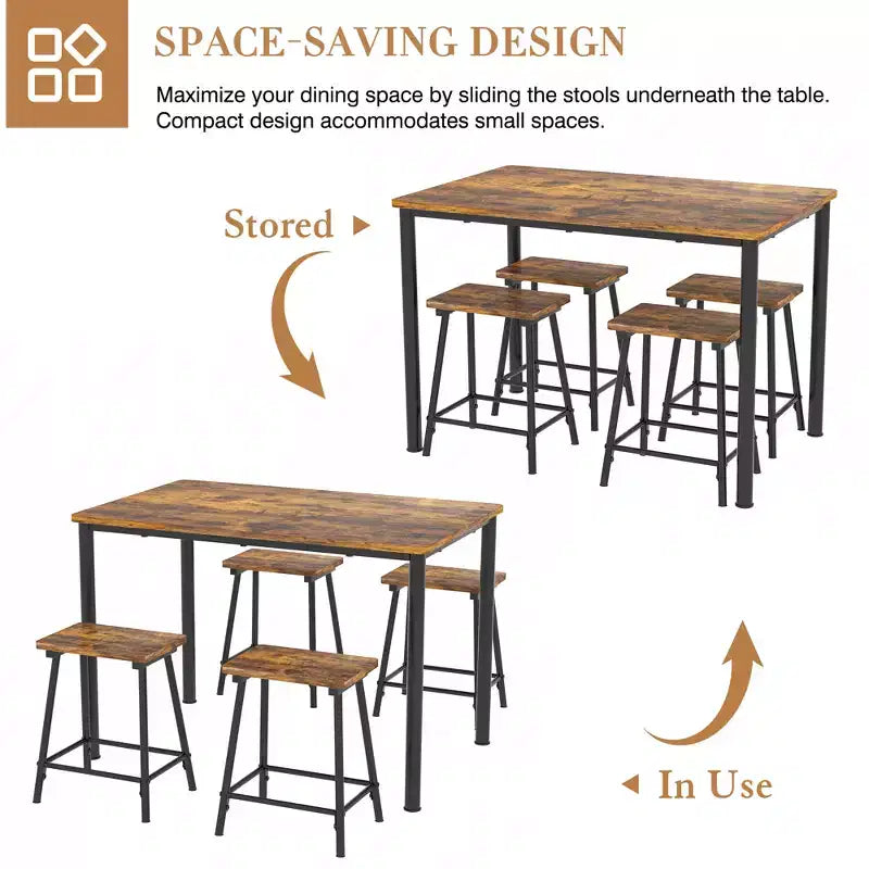 VECELO Set tavolo e sedie da pranzo da 5 pezzi per 4 persone, mobili da cucina, piano in MDF e struttura rettangolare in metallo, salvaspazio, nero/marrone/rovere