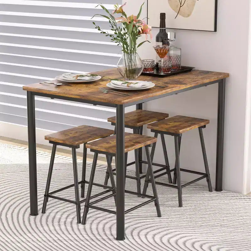 VECELO Set tavolo e sedie da pranzo da 5 pezzi per 4 persone, mobili da cucina, piano in MDF e struttura rettangolare in metallo, salvaspazio, nero/marrone/rovere