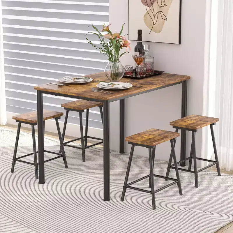 VECELO Set tavolo e sedie da pranzo da 5 pezzi per 4 persone, mobili da cucina, piano in MDF e struttura rettangolare in metallo, salvaspazio, nero/marrone/rovere