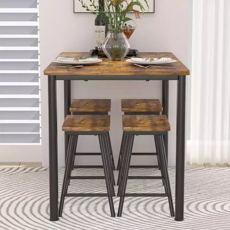 VECELO Set tavolo e sedie da pranzo da 5 pezzi per 4 persone, mobili da cucina, piano in MDF e struttura rettangolare in metallo, salvaspazio, nero/marrone/rovere