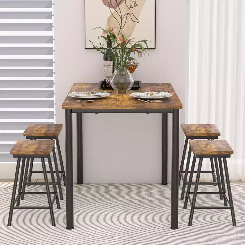 VECELO Set tavolo e sedie da pranzo da 5 pezzi per 4 persone, mobili da cucina, piano in MDF e struttura rettangolare in metallo, salvaspazio, nero/marrone/rovere