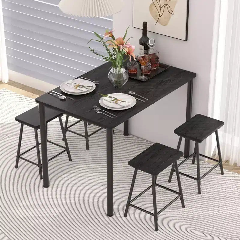 VECELO Set tavolo e sedie da pranzo da 5 pezzi per 4 persone, mobili da cucina, piano in MDF e struttura rettangolare in metallo, salvaspazio, nero/marrone/rovere