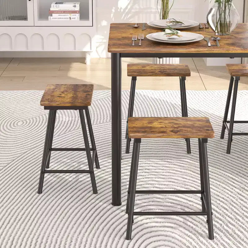 VECELO Set tavolo e sedie da pranzo da 5 pezzi per 4 persone, mobili da cucina, piano in MDF e struttura rettangolare in metallo, salvaspazio, nero/marrone/rovere