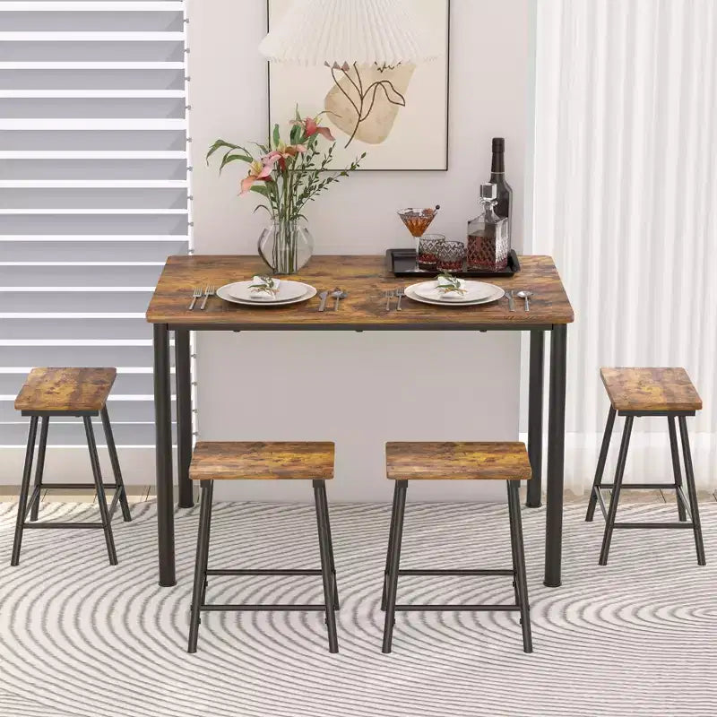 VECELO Set tavolo e sedie da pranzo da 5 pezzi per 4 persone, mobili da cucina, piano in MDF e struttura rettangolare in metallo, salvaspazio, nero/marrone/rovere