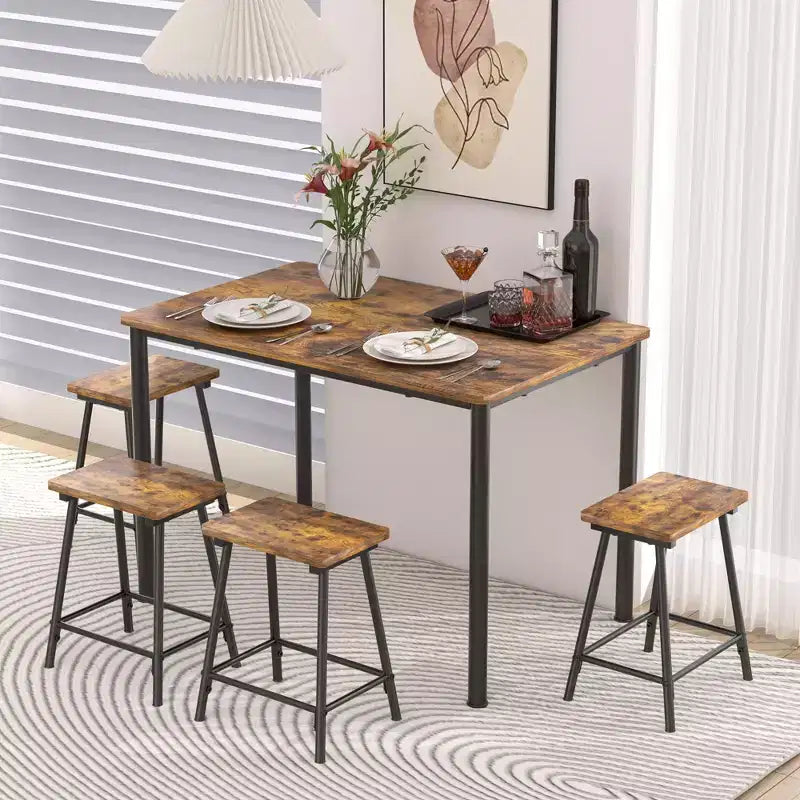 VECELO Set tavolo e sedie da pranzo da 5 pezzi per 4 persone, mobili da cucina, piano in MDF e struttura rettangolare in metallo, salvaspazio, nero/marrone/rovere