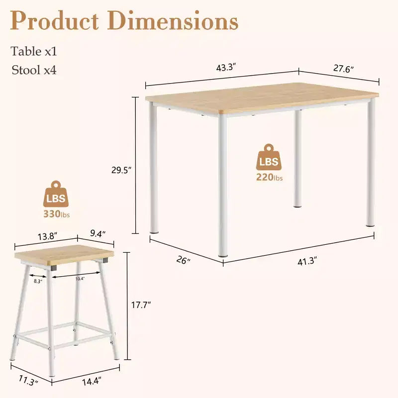 VECELO Set tavolo e sedie da pranzo da 5 pezzi per 4 persone, mobili da cucina, piano in MDF e struttura rettangolare in metallo, salvaspazio, nero/marrone/rovere