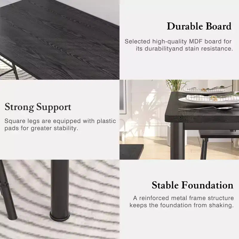 VECELO Set tavolo e sedie da pranzo da 5 pezzi per 4 persone, mobili da cucina, piano in MDF e struttura rettangolare in metallo, salvaspazio, nero/marrone/rovere