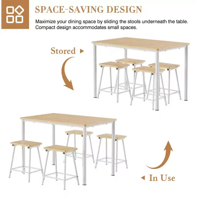 VECELO Set tavolo e sedie da pranzo da 5 pezzi per 4 persone, mobili da cucina, piano in MDF e struttura rettangolare in metallo, salvaspazio, nero/marrone/rovere