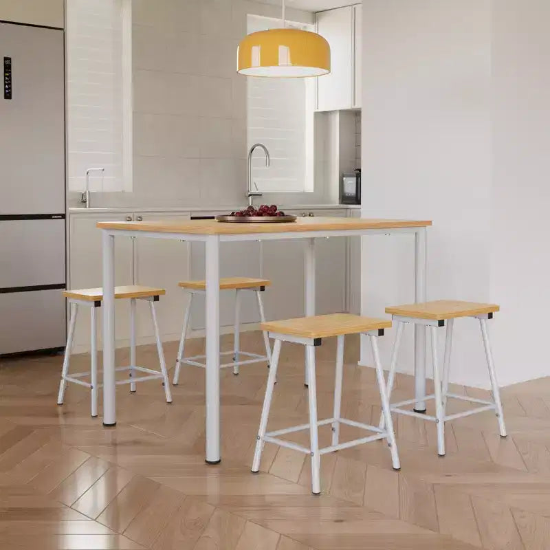 VECELO Set tavolo e sedie da pranzo da 5 pezzi per 4 persone, mobili da cucina, piano in MDF e struttura rettangolare in metallo, salvaspazio, nero/marrone/rovere