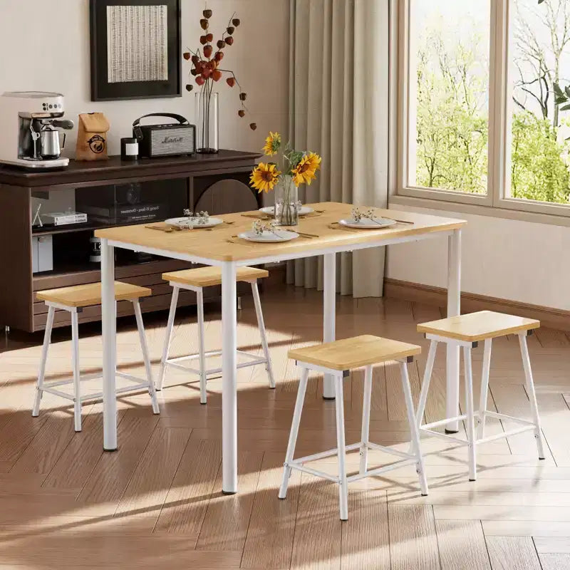 VECELO Set tavolo e sedie da pranzo da 5 pezzi per 4 persone, mobili da cucina, piano in MDF e struttura rettangolare in metallo, salvaspazio, nero/marrone/rovere
