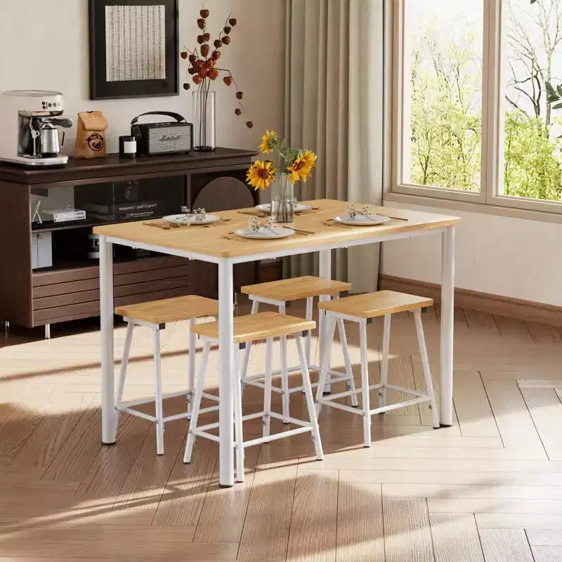 VECELO Set tavolo e sedie da pranzo da 5 pezzi per 4 persone, mobili da cucina, piano in MDF e struttura rettangolare in metallo, salvaspazio, nero/marrone/rovere