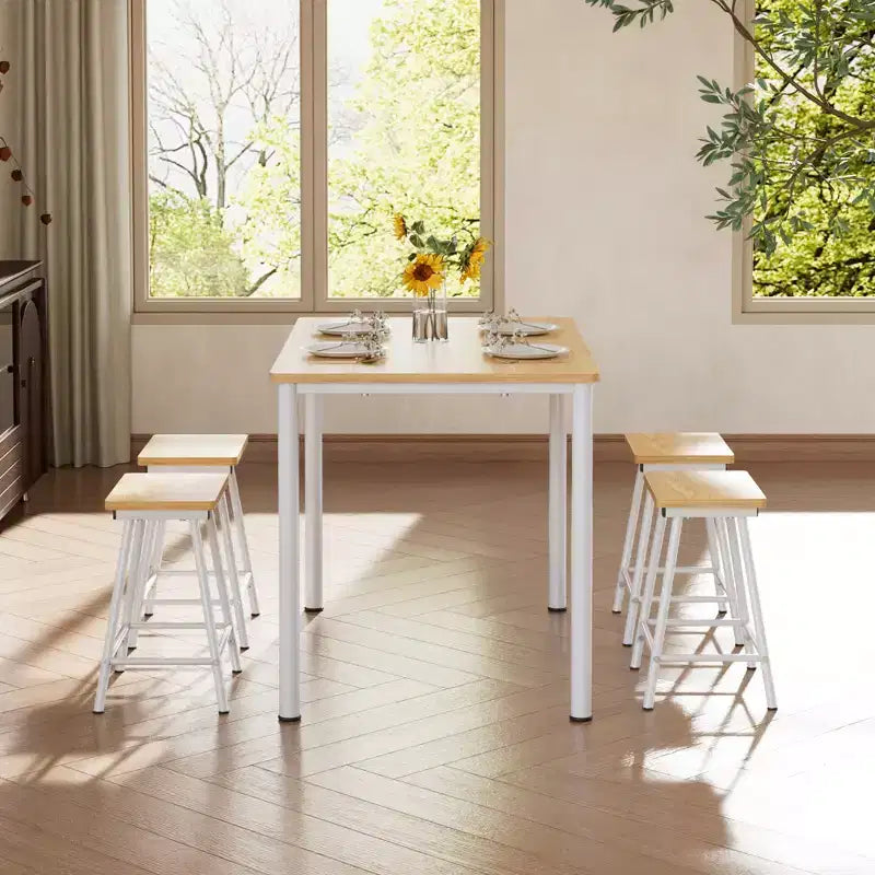 VECELO Set tavolo e sedie da pranzo da 5 pezzi per 4 persone, mobili da cucina, piano in MDF e struttura rettangolare in metallo, salvaspazio, nero/marrone/rovere