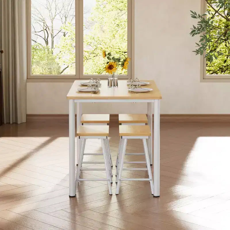 VECELO Set tavolo e sedie da pranzo da 5 pezzi per 4 persone, mobili da cucina, piano in MDF e struttura rettangolare in metallo, salvaspazio, nero/marrone/rovere
