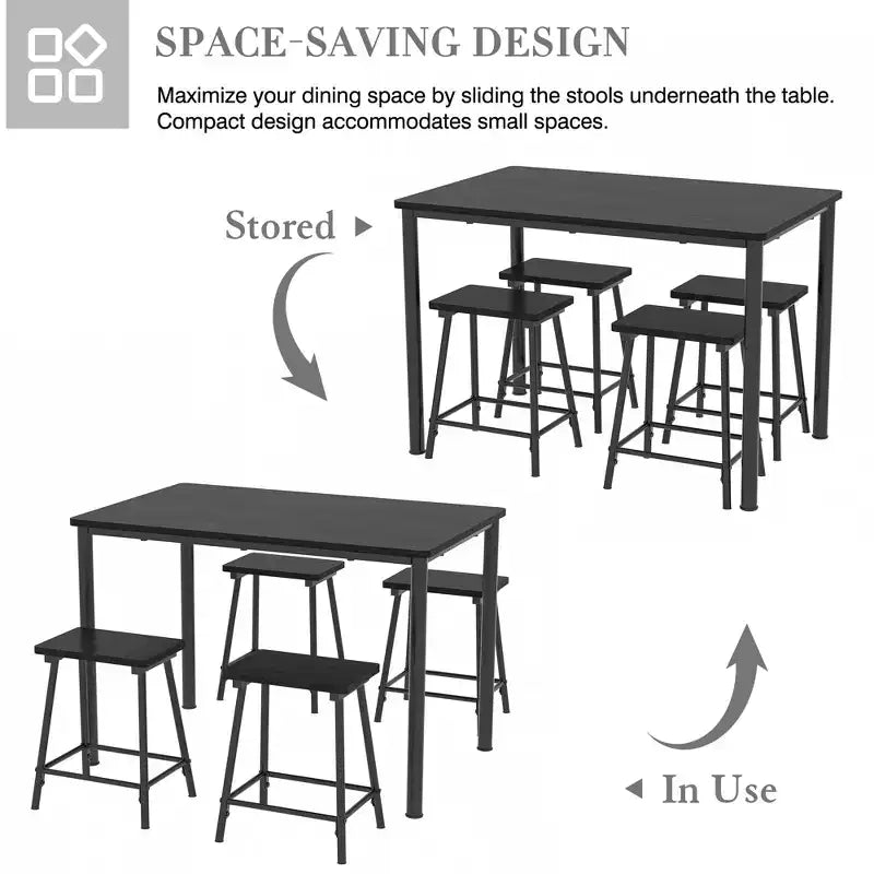 VECELO Set tavolo e sedie da pranzo da 5 pezzi per 4 persone, mobili da cucina, piano in MDF e struttura rettangolare in metallo, salvaspazio, nero/marrone/rovere