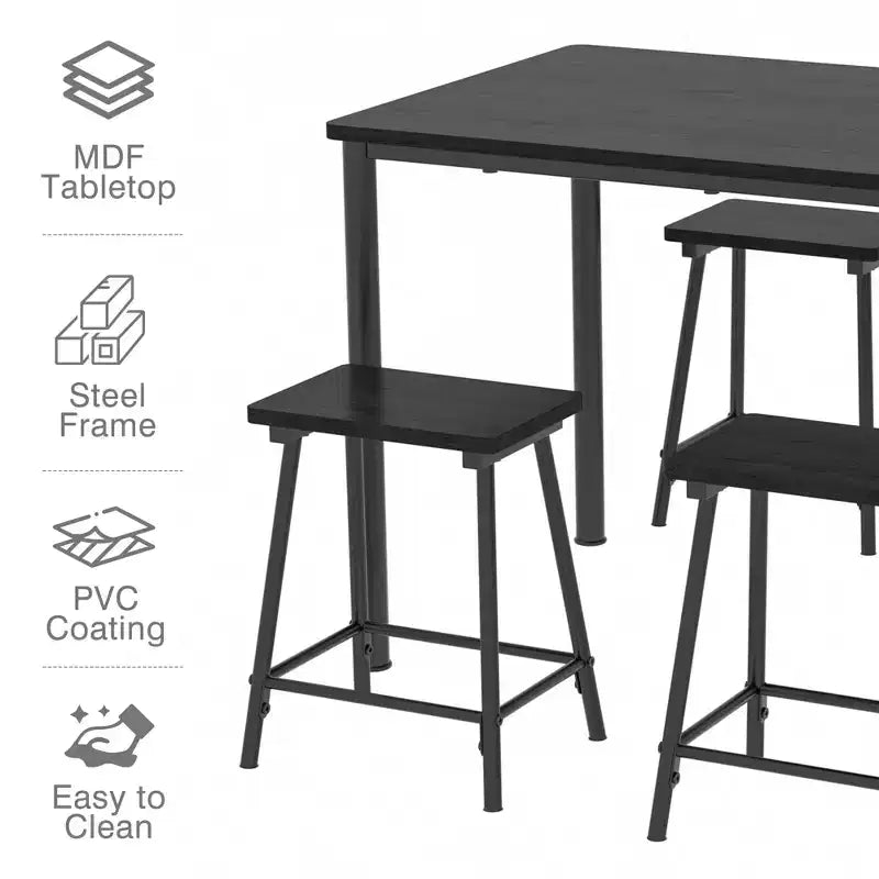 VECELO Set tavolo e sedie da pranzo da 5 pezzi per 4 persone, mobili da cucina, piano in MDF e struttura rettangolare in metallo, salvaspazio, nero/marrone/rovere
