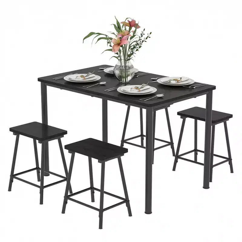VECELO 5 Piece Dining Table & Chairs Set for 4, Kitchen Furniture MDF Board and Rectangular Metal Frame, Space-Saving, Black/Brown/Oak