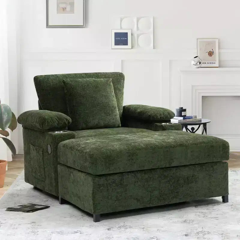 Poltrona moderna oversize con pouf, poltrona in ciniglia comoda con portabicchieri e porte USB - ModernLuxe