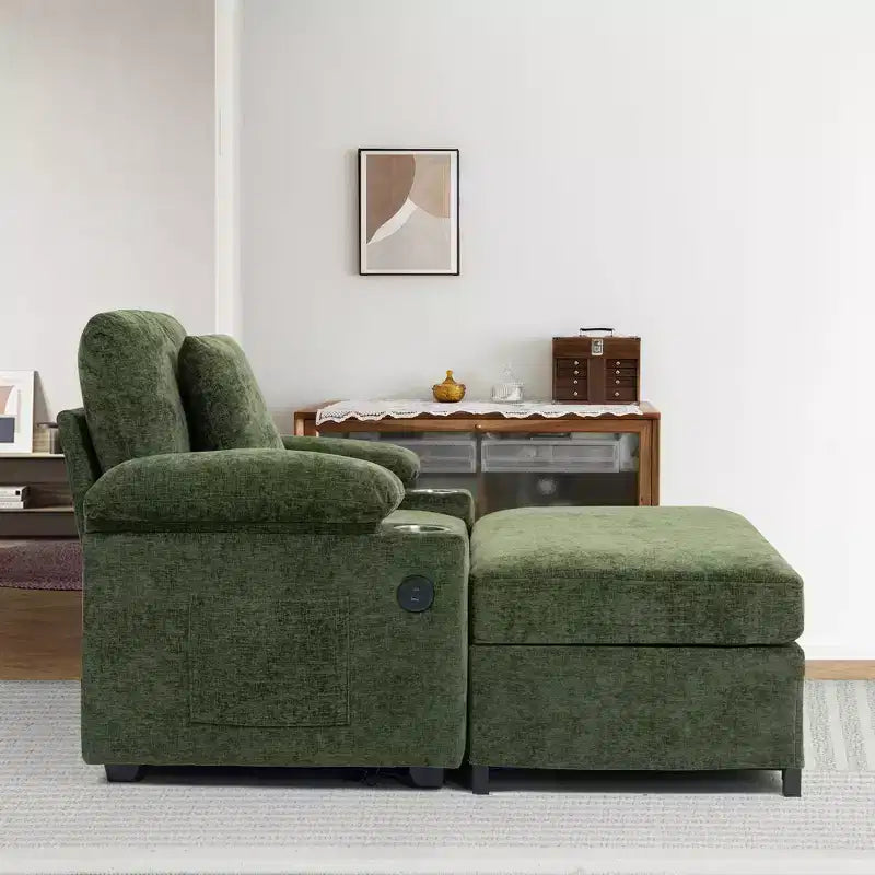 Poltrona moderna oversize con pouf, poltrona in ciniglia comoda con portabicchieri e porte USB - ModernLuxe
