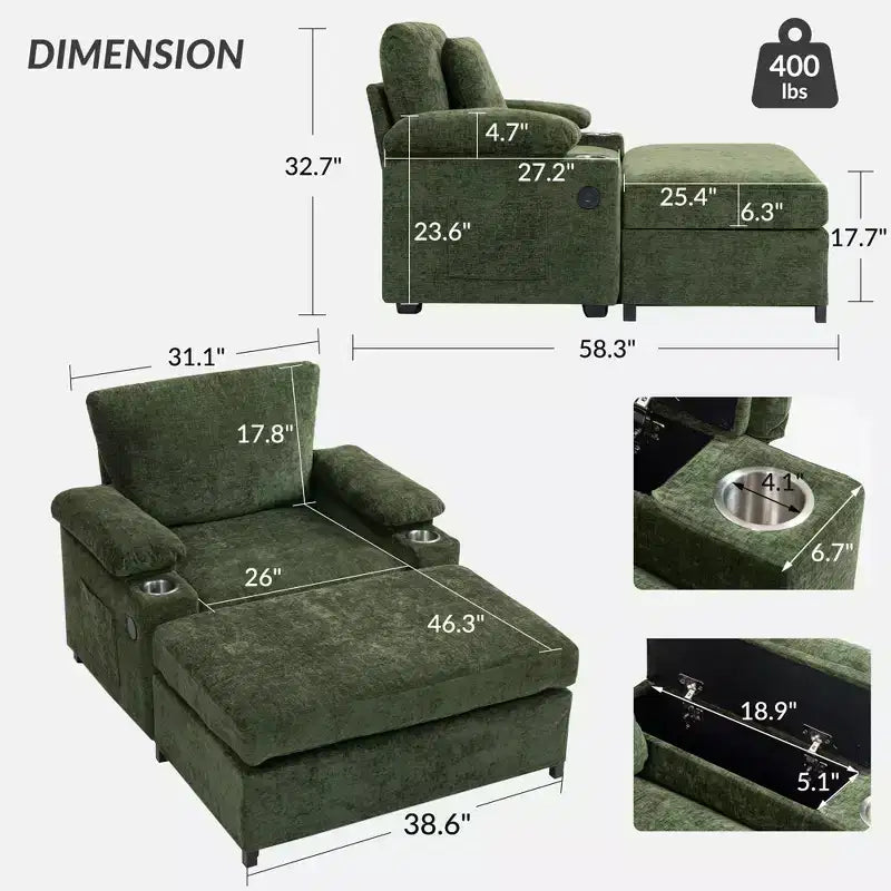 Poltrona moderna oversize con pouf, poltrona in ciniglia comoda con portabicchieri e porte USB - ModernLuxe