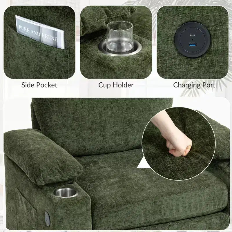 Poltrona moderna oversize con pouf, poltrona in ciniglia comoda con portabicchieri e porte USB - ModernLuxe